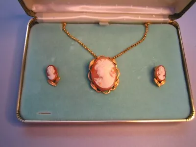 Vintage Van Dell 12 Kt Gold Filled Cameo Necklace & Screwback Earrings Set • $95