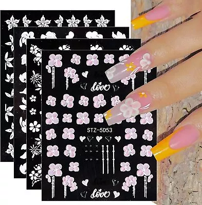 JMEOWIO 3D Flowers Nail Art Stickers Decals Self-Adhesive 5D Pink Floral Nail S • £5.85