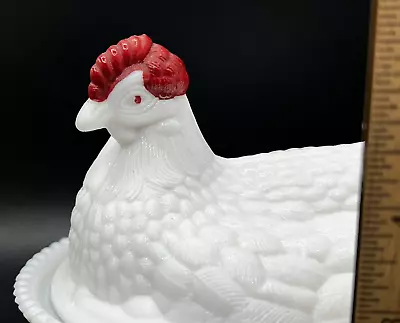 Westmoreland Milk Glass Large 7.25” Hen On Nest   Painted Red Comb   Repaired • $5