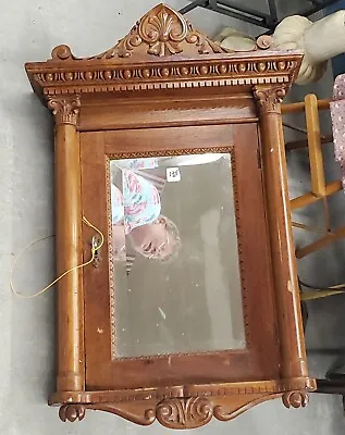 Antique Beveled Mirror Corner Cabinet Shelf Oak Victorain Hanging W/ Key • $299