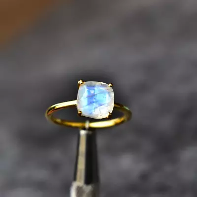 Moonstone Cushion Cut Gold Plated 925 Sterling Silver Handmade Solitaire Ring • $32.49