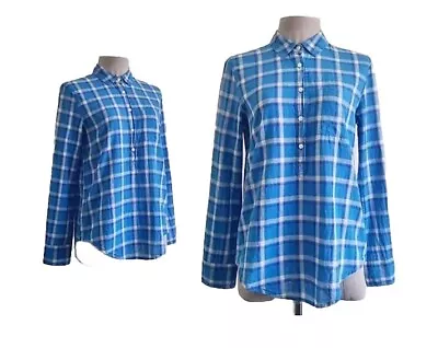 J Crew Blue Plaid Boy Fit Partial Button Up Popover Long Sleeve Shirt Sz Large  • $28