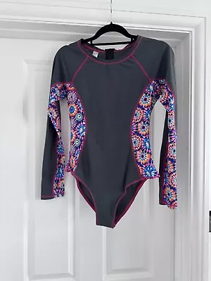 BNWOT Grey Long Sleeve Pink Trim Swimsuit Woman Swimming Costume Round Neck Zip • £29