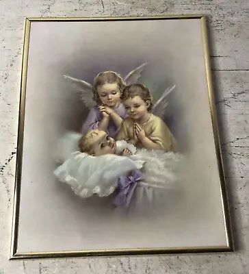 Vintage Guardian Angels Baby Print Cherub Children Religious Framed Wall Decor • $17.95