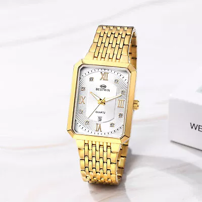 Mens Luxury Square Dial Date Analog Quartz Watch Gold Tone Stainless Steel Band • $21.84