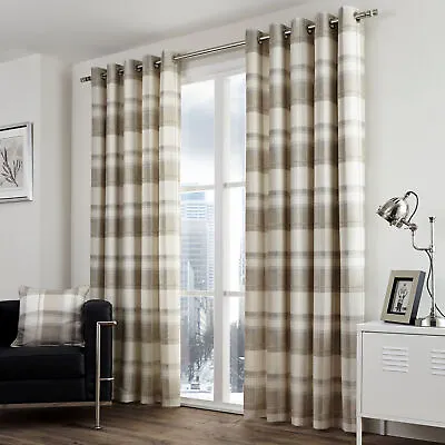 Fusion Balmoral Check 100% Cotton Eyelet Fully Lined Curtains Pair Natural/Beige • £26.99