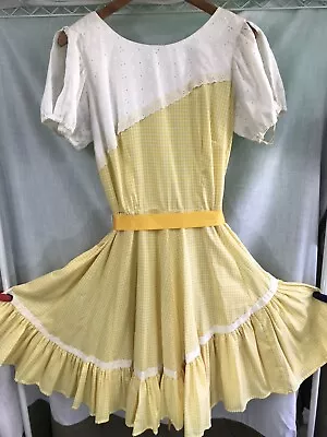 Vintage 1980s Square Dance Dress Co Yellow Gingham Dress & Underskirt Size 14 16 • $16.95