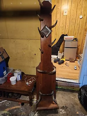 Antique Folk Art Cow Horn Wooden Hat Coat Rack Stand With Antique Mirror • $900