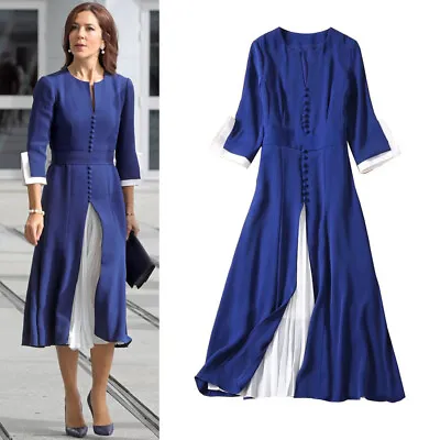 Women's Princess Mary Inspired V-neck Button Front Contrast Midi Dress In Navy  • $141.59