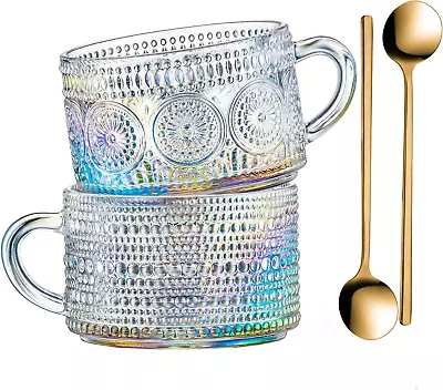 Vintage Glass Coffee Mugs 14 Oz Set Of 2 Iridescent Embossed Tea CupsGlass Cof • $26.57
