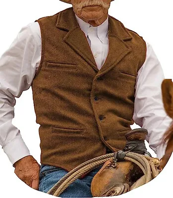 Mens Retro Vest Vintage Farmer Tweed Cowboy Herringbone Casual Hunting Waistcoat • $37.19