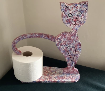 £5.95 • Buy Novelty Wooden Cat Toilet Roll Holder Pink Blue Spongeware Hand Crafted