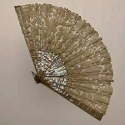 Antique Edwardian Hand Fan Mother Of Pearl Shell And Battenberg Lace • $125.53