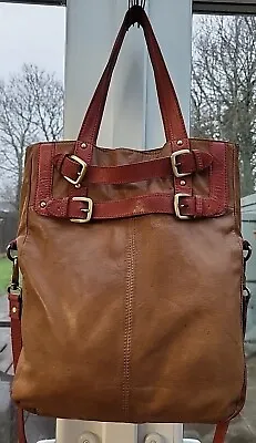 Topshop Large Tan & Red Genuine Leather Tote Crossbody Bag • £26