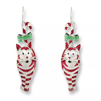 Zarah Zarlite Candy Cane Cat Peppermint Pierced Earrings Sterling Silver Plated • $34.99