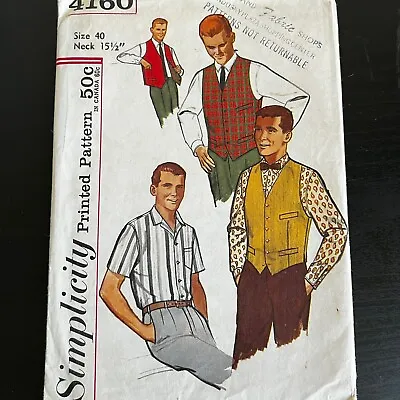 Vintage 1960s Simplicity 4160 Mens Shirt + Reversible Vest Sewing Pattern 40 CUT • $7
