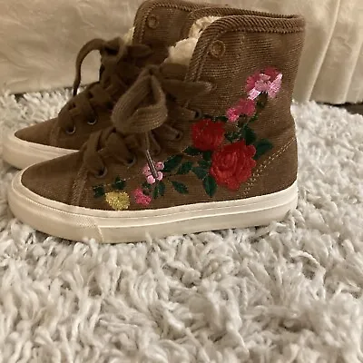 Zara Girls Boots Size 27/US 10 Brown Corduroy Fleece Lined Embroidered Flowers • $14.99