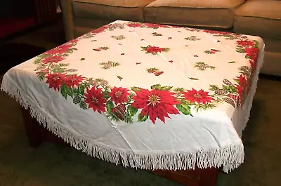 VINTAGE 60  ROUND COTTON CHRISTMAS HOLIDAY TABLECLOTH TABLE COVERING W/FRINGE~ • $21.50