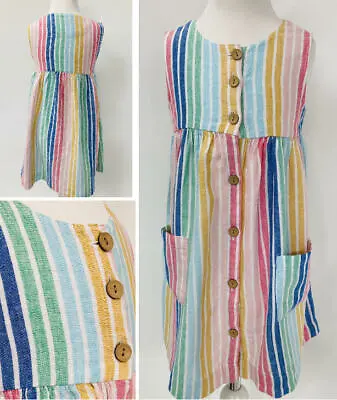 Girls / Baby Summer Button Dress Rainbow Stripe High Street Label Rrp £19  • £11.95