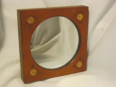 Vintage Oden Tooled Leather Flower & Wood Mirror Circular Reflections Decor • $20.40