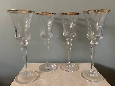 FOUR (4) Mikasa JAMESTOWN GOLD TRIM 8 3/4  Wine Glasses OPTIC Austria HANDBLOWN • $49.95