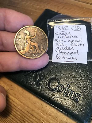 1862 Queen Victoria Bun Head One Penny Golden Toned Patina • £12.64