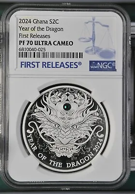 Lunar Year Of The Dragon 1/2 Oz Proof Silver Coin 2 Cedis 2024 NGC PF70 FR Pop 5 • $149