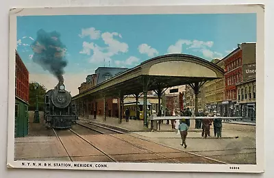 CT Postcard Meriden Connecticut Train Railroad Station RR Depot Engine Trolley • $6.99