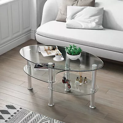 Tempered Glass Coffee Table 3-Tier Oval Modern Center Table W/ Open Shelf Clear • $79.99