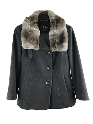 $65 • Buy Cole Hann Womens Size 10 Long Sleeve Fur Collar Button Peacoat Pockets 