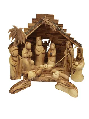 Modern Abstract Faceless Olive Wood Nativity Set With Stable Large  • $149.99