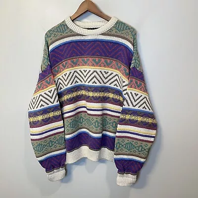 Vintage Coogi Style Sweater Size Large 3d Purple Pink Blue Green Rare USA • $71.95