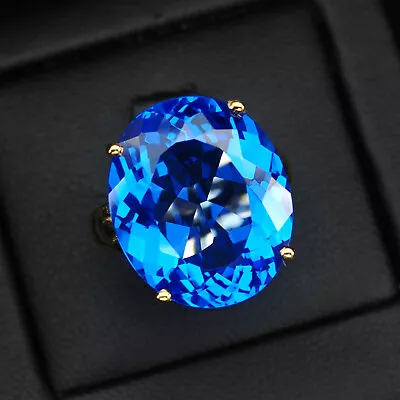 Ravishing Topaz Blue 16.20 Ct. 925 Sterling Silver Gold Handmade Ring Size 6.75 • $24.99