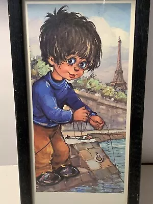 Vintage FRAMED 1969 Art Prints BIG EYE BOY FISHING PARIS EIFFEL TOWER BACKGROUND • $25.87