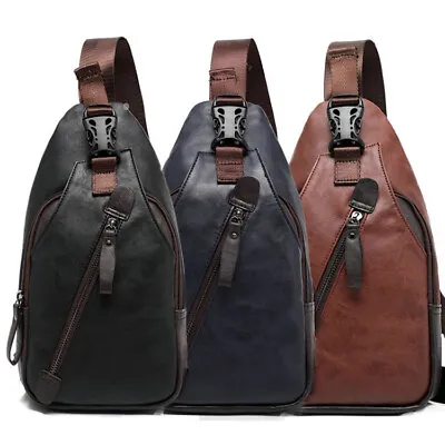 Men's Leather Sling Pack Chest Shoulder Crossbody Bag Backpack Biker Satchel • $14.39