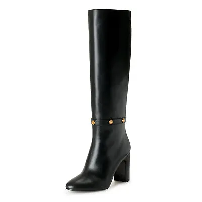 Versace Women's Black Leather Gold Medusa High Heel Boots Shoes • $799.99
