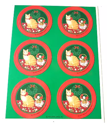 Vintage Sticker Sheet Hallmark Tabby Cat Kitten Wreath Flowers Christmas • $3.50