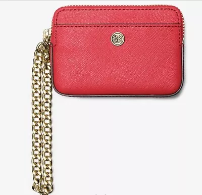 🥰 Michael Kors Saffiano Leather Card Case WALLET ON A CHAIN SANGRIA $258 RETAIL • $99