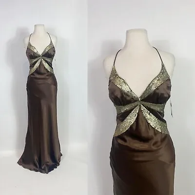 1990s - Y2K Nicole Miller Brown Silk Gold Sequin Gown Deadstock NWT • $148.99