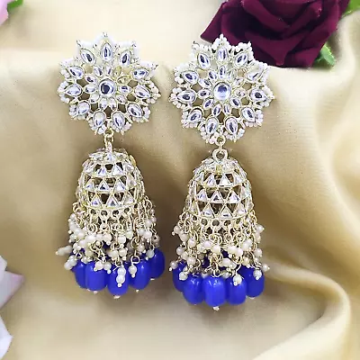 Bollywood Gold Plated Indian Kundan Big Jhumka Blue Earrings Jewelry Set • $39.99