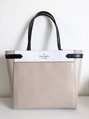 Kate Spade Staci Beige White Colourblock Saffiano Leather Laptop Shoulder Tote • $349