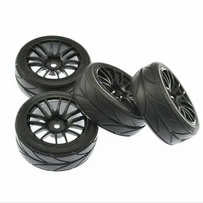1/10 RC Road 14 Spoke Wheels & Tyres Black For Tamiya TT02 HPI Kyosho Hex 12mm • £10.89