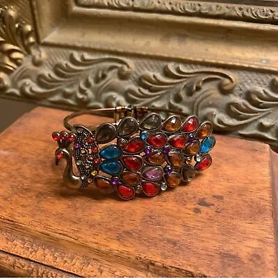 Vintage Peacock Rhinestone Cuff Bracelet • $15.95