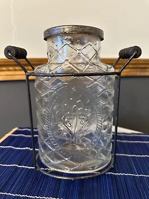 Rustic Glass Jar Vase In Metal Stand With Frog Lid 7 1/2  H • $17.99