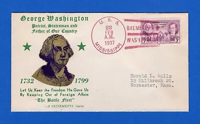 USS Mississippi BB-41 Washington's Birthday February 22 1937 - Stinemetts Cachet • $11.99