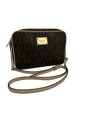 Michael Kors Brown Logo Saffiano Leather Gold Chain Jet Set Small Crossbody • £52.24