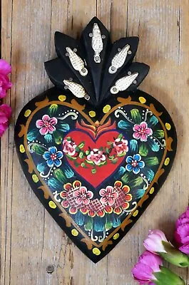 Heart Wood Hand Painted Black With Milagros Handmade Pátzcuaro Mexican Folk Art • $29