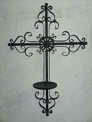 Vintage Iron Cross Wall Sconce Pillar Candle Holder 19.5  X 13” • $20