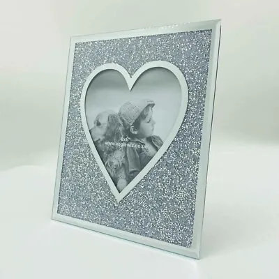 Silver Sparkle Heart Shaped Crush Jewel Glass Picture Photo Frame 6 X 8  • £12.99