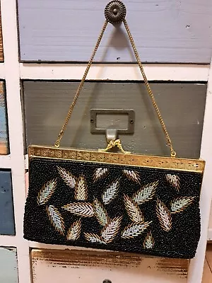 Vintage Black Beaded Purse With Embellished Beaded Leaves  • $15